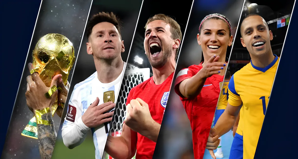 A dynamic collage of famous soccer players divided by diagonal slices, featuring Lionel Messi, Harry Kane, Alex Morgan, and a player in a yellow jersey alongside hands lifting the FIFA World Cup trophy.