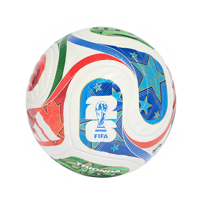 Close-up view of the white Adidas Trionda soccer ball displaying the official FIFA World Cup 26 tournament logo and national flag colors.